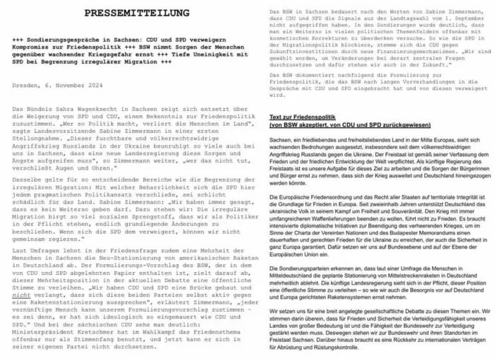 Presseerklärung des BSW mit eigenem Vorschlag für Friedenspräambel&quot;.