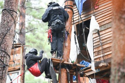 Höhenretter der Polizei sind bei der Räumung des Protestcamps der Tesla-Gegner an einem Baumhaus im Einsatz.