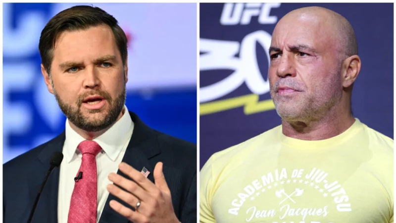 ChatGPT (Links) Der US-Senator und republikanische Vizepräsidentschaftskandidat J.D. Vance spricht am 1. Oktober 2024 im CBS Broadcast Center in New York City; (Rechts) Joe Rogan moderiert das offizielle Wiegen der UFC 300 am 12. April 2024 in der MGM Grand Garden Arena in Las Vegas, Nevada. Angela Weiss/Getty Images; Carmen Mandato/AFP via Getty Images