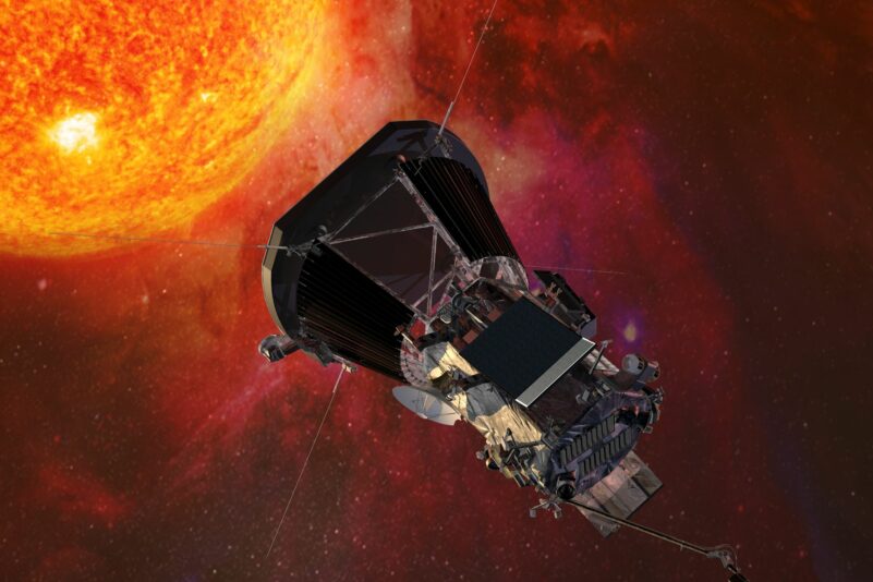 Die Computergrafik zeigt die «Parker Solar Probe»-Sonde der US-Raumfahrtbehörde Nasa auf dem Weg zur Sonne.