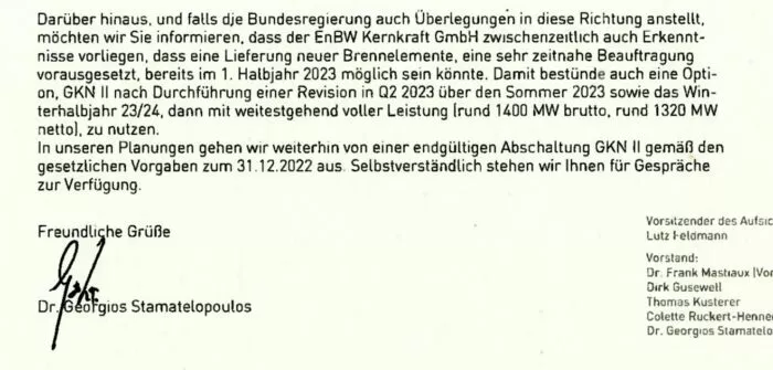 Dr. Georgios Stamatelopoulos, damals Vorstand der EnBW Kernkraft GmbH, bot BMWK-Staatssekretär Patrick Graichen am 19.08.24 an, das Kernkraftwerk GKN II über das Winterhalbjahr 2023/24 am Netz zu lassen. Foto: Bildschirmfoto/X/Daniel Gräber