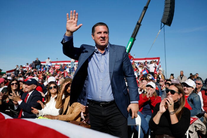 LITITZ, PENNSYLVANIA - NOVEMBER 03: Former Rep. Devin Nunes (R-CA) is introduced by Republican presidential nominee, former U.S. President Donald Trump during a campaign rally at Lancaster Airport on November 03, 2024 in Lititz, Pennsylvania. With only two days until the election, Trump is campaigning for re-election on Sunday in the battleground states of Pennsylvania, North Carolina and Georgia. (Photo by Chip Somodevilla/Getty Images)