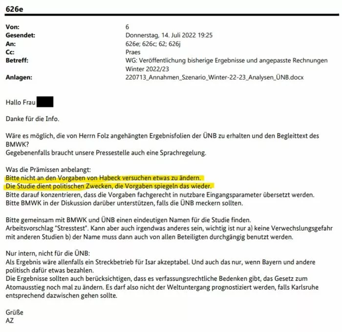 Die E-Mail vom 14. Juli 2022 zeigt: Achim Zerres, der Leiter der BNetzA-Abteilung 6 („Energieregulierung“), mahnte seine Mitarbeiter an, sich an die Vorgaben von Wirtschaftsminister Habeck persönlich zu halten. Foto: Bildschirmfoto/X/Daniel Gräber