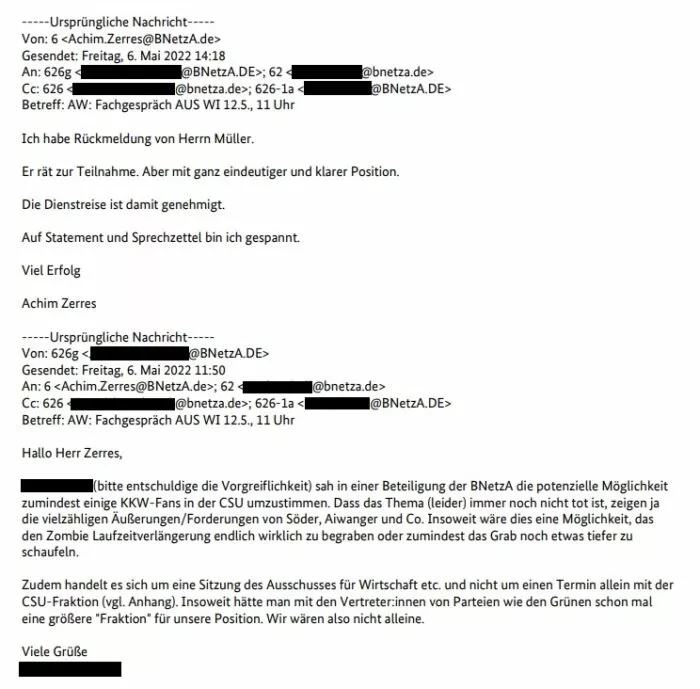Am 6. Mai 2022 herrschte offenbar Einigkeit bei der Bundesnetzagentur: Der Fachbeamte Johannes K. sollte mit dem Segen seiner Vorgesetzten nach München reisen, um Bestrebungen nach einer Laufzeitverlägerung für Atomkraftwerke im Keim zu ersticken. Foto: Bildschirmfoto/X/Daniel Gräber