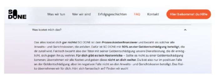 Eine ältere Werbepassage auf der Website der SO DONE GmbH darf nach einem Beschluss des LG Bochum nicht mehr vwendet werden. Foto: Bildschirmfoto/Markus Haintz