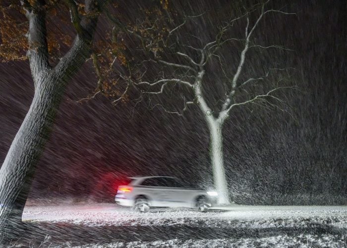 Im dichten Schneetreiben ist ein Auto auf einer Allee im östlichen Brandenburg unterwegs. 