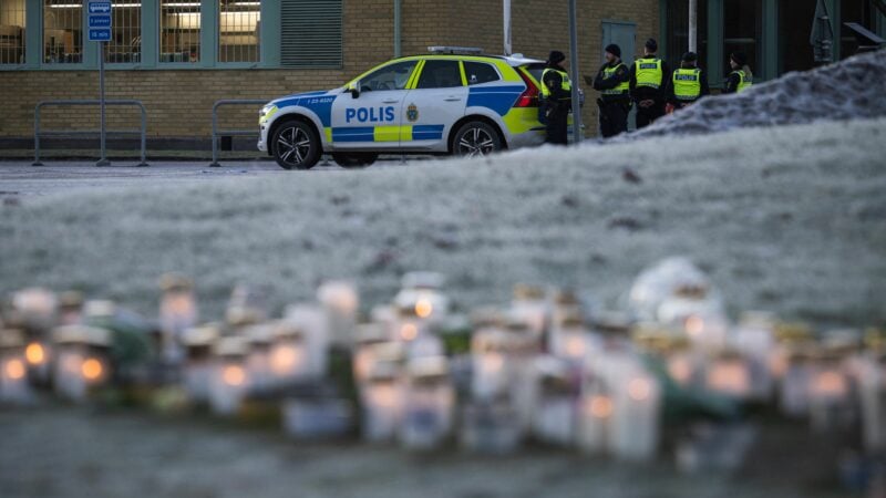 Police officers stand guard outside the adult education center Campus Risbergska school in Orebro, Sweden, on February 6, 2025 two days after a shooting there left eleven people dead. Several long-barrelled weapons have been found at the adult education centre in Sweden where a gunman killed 10 people, a police spokesman told AFP on February 6. Wednesday's shooting at Campus Risbergska, a school for young adults in Orebro, was Sweden's worst massacre. According to the Swedish press, the perpetrator of the attack, who probably committed suicide, held a permit for four hunting weapons. (Photo by Jonathan NACKSTRAND / AFP) (Photo by JONATHAN NACKSTRAND/AFP via Getty Images)