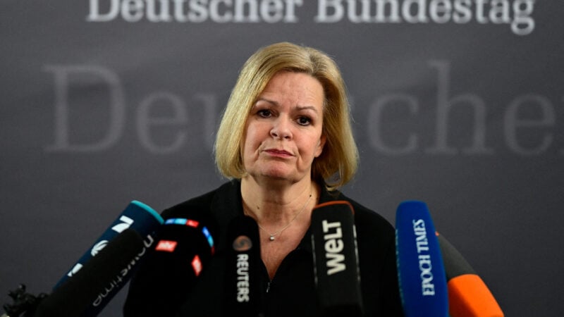 German Interior Minister Nancy Faeser addresses journalists after taking part in a parliamentary commission to look into the Aschaffenburg incident, on February 10, 2025 in Berlin, Germany. A deadly knife attack on January 22, 2025 on a play school group in the Bavarian city of Aschaffenburg, where an Afghan man was arrested at the scene, reignited a bitter immigration debate, just weeks before elections. German authorities unsuccessfully tried to return the rejected asylum seeker to Bulgaria, where he had first entered the EU. (Photo by John MACDOUGALL / AFP) (Photo by JOHN MACDOUGALL/AFP via Getty Images)