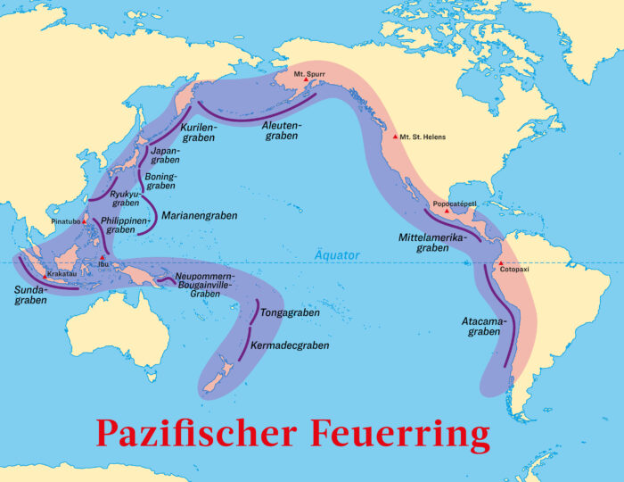 Der Pazifische Feuerring und eine Auswahl seiner Vulkane