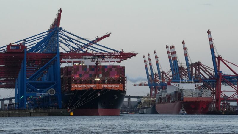 Containerschiffe von Hapag-Lloyd und Maersk liegen im Hamburger Hafen. (Archivbild)