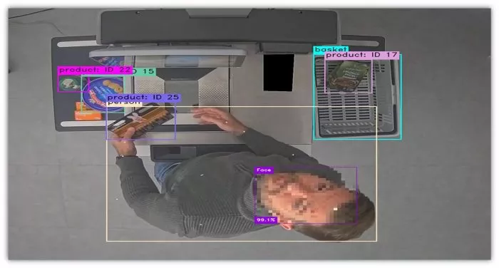 Ein Testeinkäufer steht an einer SB-Kasse und wird von einer Kamera aufgenommen.