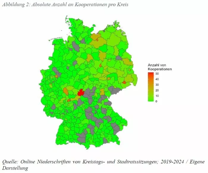 Die Deutschlandkarte zeigt die absolute Anzahl an Kooperationen mit der AfD pro Kreis in den Jahren 2019 bis 2024. Foto: Quelle: WZB