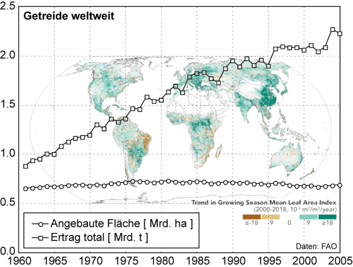 Der Ernteertrag von Getreide hat sich zwischen 1960 und 2005 bei nahezu konstanter Anbaufläche mehr als verdoppelt. Das ist unter anderem auf mehr CO₂ zurückzuführen, das zur weltweiten Ergrünung des Planeten beigetragen hat.