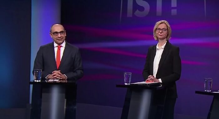 Von links: Shervin Haghsheno, der stellvertretende Parteivorsitzende der BSW-Bundespartei und Katja Wolf, die Thüringer BSW-Landesvorsitzende, am 12. März 2025 in der MDR-Livesendung „Fakt ist!“. Foto: Bildschirmfoto/ARD-„Mediathek“ 