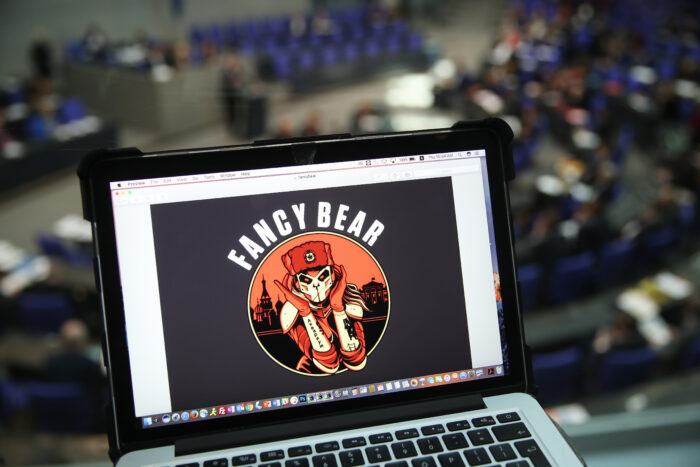 BERLIN, GERMANY - MARCH 01: In this photo illustration artwork found on the Internet showing Fancy Bear is seen on the computer of the photographer during a session in the plenary hall of the Bundestag, the German parliament, on March 1, 2018 in Berlin, Germany. German authorities announced yesterday that administrative computers of the German government, including those of government ministries and parliament, had been infiltrated with malware. Authorities said they suspect the Russian hacker group APT28, also known as Fancy Bear. (Photo by Sean Gallup/Getty Images)