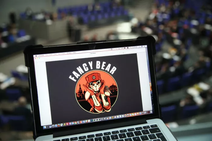 BERLIN, GERMANY - MARCH 01: In this photo illustration artwork found on the Internet showing Fancy Bear is seen on the computer of the photographer during a session in the plenary hall of the Bundestag, the German parliament, on March 1, 2018 in Berlin, Germany. German authorities announced yesterday that administrative computers of the German government, including those of government ministries and parliament, had been infiltrated with malware. Authorities said they suspect the Russian hacker group APT28, also known as Fancy Bear. (Photo by Sean Gallup/Getty Images)