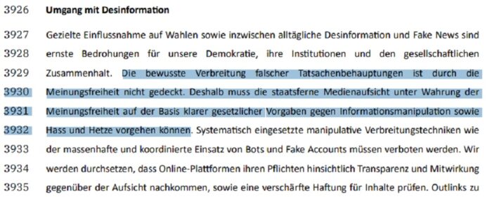 Ein Ausschnitt aus dem Unterkapitel „Umgang mit Desinformation“ im Koalitionsvertrag von CDU, CSU und SPD 2025. Foto: CDU.de/Bildschirmfoto/
