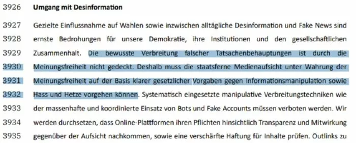 Ein Ausschnitt aus dem Unterkapitel „Umgang mit Desinformation“ im Koalitionsvertrag von CDU, CSU und SPD 2025. Foto: CDU.de/Bildschirmfoto/