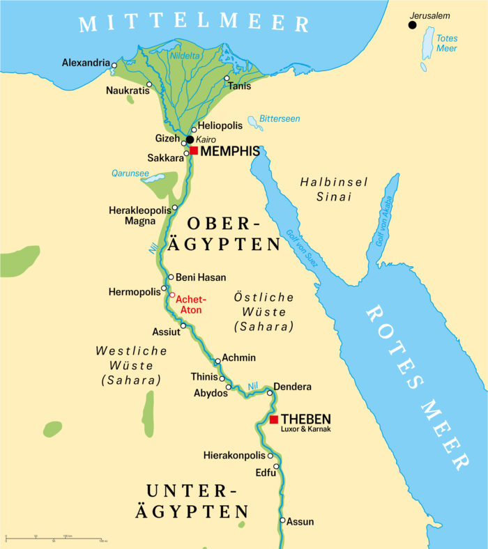 Karte von Altägypten mit den Städten Gizeh, Alexandria, Sakkara, Memphis und Theben