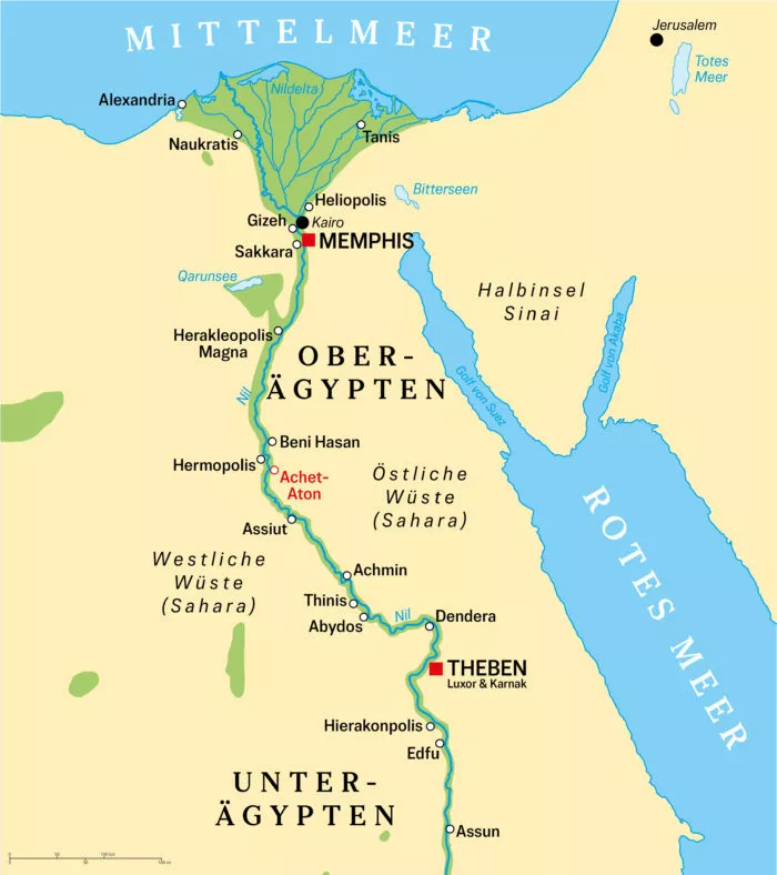 Karte von Altägypten mit den Städten Gizeh, Alexandria, Sakkara, Memphis und Theben