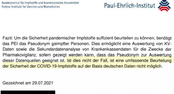 Die Stellungnahme des PEI vom 29. Juli 2021 zeigt, dass das Institut sich nicht in der Lage sah, die Sicherheit der COVID-19-Impfstoffe ohne externe Daten zu beurteilen. Foto: Bildschirmfoto/Tom Lausen