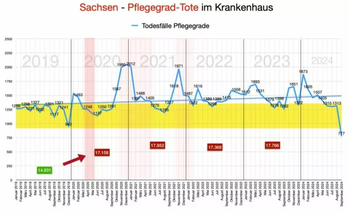 Die Grafik zeigt die Todesfälle bei Menschen mit Pflegegrad in Sachsen in den Jahren 2019 bis 2024. Foto: Bildschirmfoto/Tom Lausen