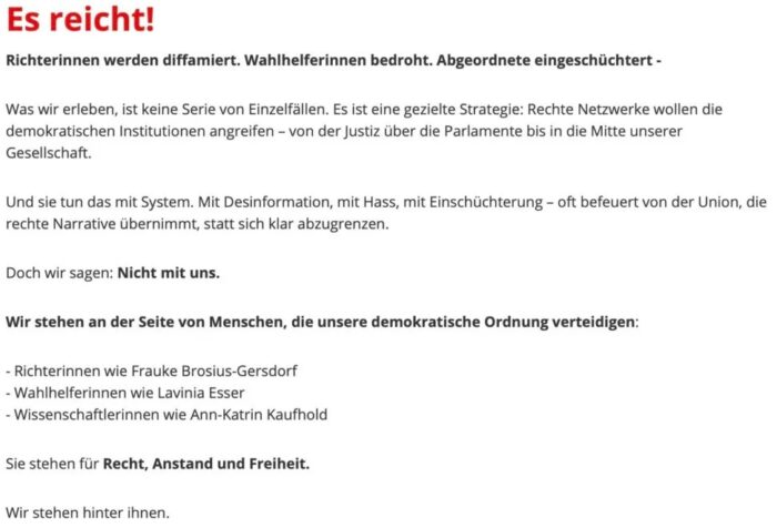 So sah die Originalversion des Textes „Es reicht!“ bis zum Morgen des 30. Juli 2025 auf der SPD-Website aus. Danach wurden die Vorwürfe in Richtung Union offensichtlich entfernt. Foto: Bildschirmfoto/Apollo News