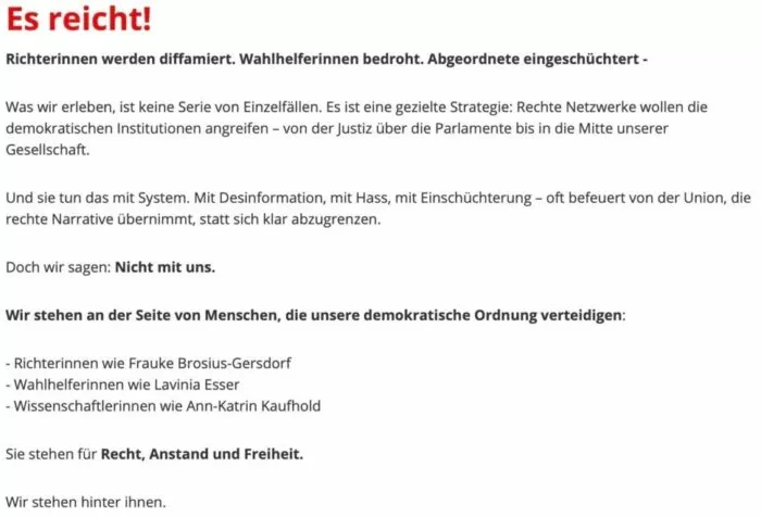 So sah die Originalversion des Textes „Es reicht!“ bis zum Morgen des 30. Juli 2025 auf der SPD-Website aus. Danach wurden die Vorwürfe in Richtung Union offensichtlich entfernt. Foto: Bildschirmfoto/Apollo News