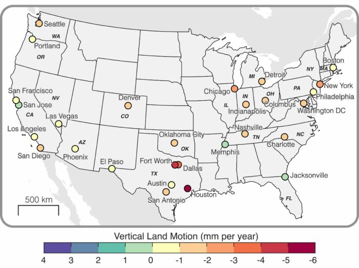 Karte der sinkenden Städte in den USA