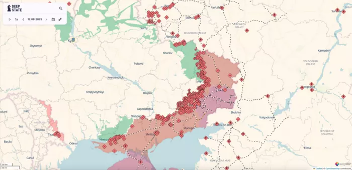 Der Frontverlauf im Ukrainekrieg am 12. August 2025 laut „DeepState“, einer Beobachtungsgruppe die vom ukrainischen Verteidigungsministerium gefördert wird. Foto: Bildschirmfoto von deepstatemap.live