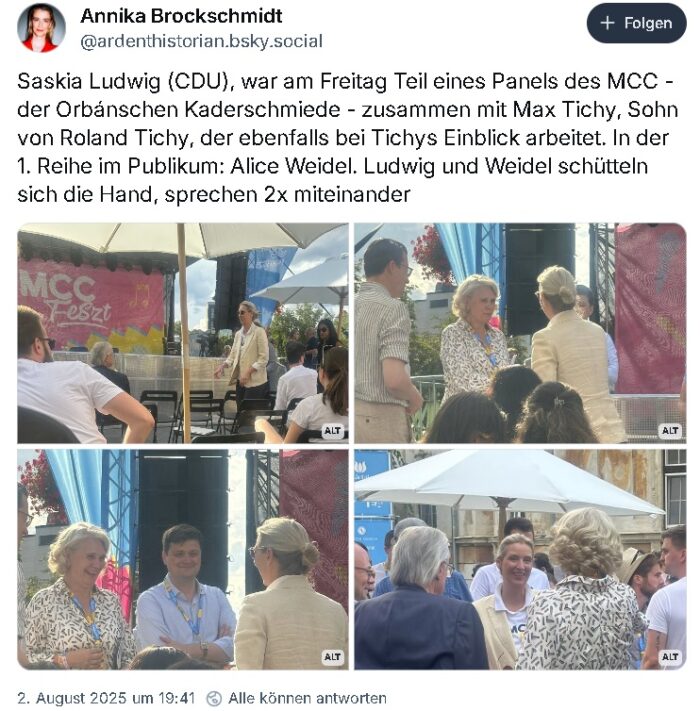 Die Journalistin Annika Brockschmidt veröffentlichte am 2. August 2025 Fotos von Saskia Ludwig (CDU) und Alice Weidel (AfD) vom MCC-Treffen in Budapest. Foto: Bildschirmfoto: BluSky/Annika Brockschmidt