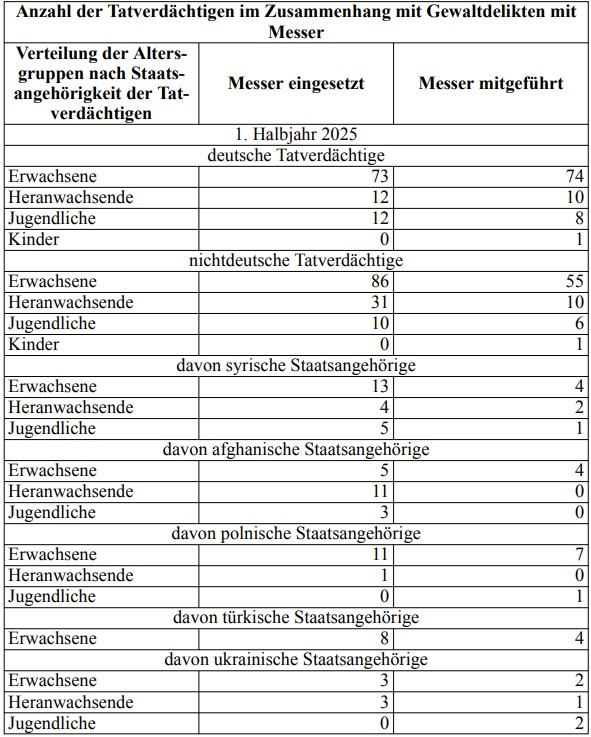 Die Tabelle zeigt die „Anzahl von Tatverdächtigen im Zusammenhang mit Gewaltdelikten mit Messer“ nach Nationalität, Altersgruppe und Messereinsatz, die von der Bundespolizei im ersten Halbjahr 2025 registriert wurden. Foto: Bildschirmfoto/Bundestag.de/BT-Drucksache 21/1148