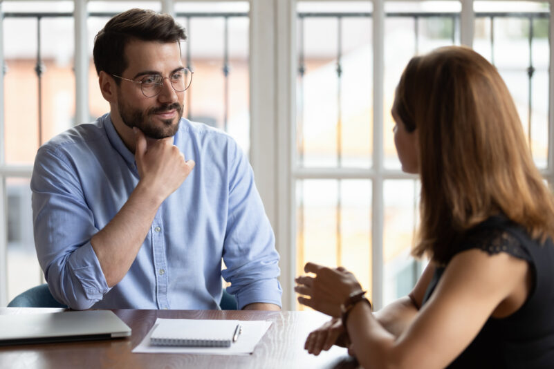 Business meeting, job interview and staffing hiring process, applicant and HR manager, mentor gives instructions to new employee, customer and company representative communication in office concept. fizkes/iStock