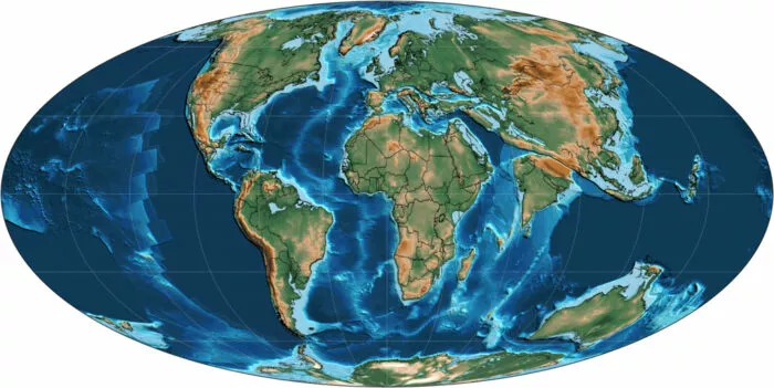 Verteilung der Kontinente im Eozän, jenem Zeitalter als die Vorfahren von Strauß und Co. lebten