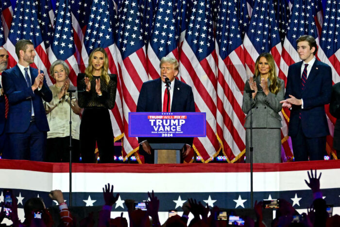 Former US President and Republican presidential candidate Donald Trump speaks during an election night event at the West Palm Beach Convention Center in West Palm Beach, Florida, on November 6, 2024. Donald Trump claimed victory and pledged to "heal" the country on November 6, 2024 as results put him on the verge of beating Kamala Harris in a stunning White House comeback. (Photo by Jim WATSON / AFP) (Photo by JIM WATSON/AFP via Getty Images)