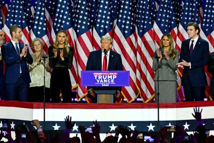 Former US President and Republican presidential candidate Donald Trump speaks during an election night event at the West Palm Beach Convention Center in West Palm Beach, Florida, on November 6, 2024. Donald Trump claimed victory and pledged to &quot;heal&quot; the country on November 6, 2024 as results put him on the verge of beating Kamala Harris in a stunning White House comeback. (Photo by Jim WATSON / AFP) (Photo by JIM WATSON/AFP via Getty Images)