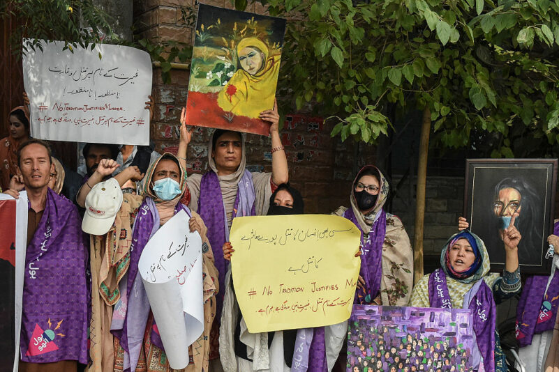 Human rights activists shout slogans during a protest in Quetta on July 26, 2025, against the alleged honour killing of a couple last month in Margat near Quetta in Balochistan, after eloping. More than a dozen men have been arrested in southwestern Pakistan for alleged involvement in the so-called "honour killing" of a couple after a video of the murders went viral on social media, a police official said on July 21. (Photo by Banaras KHAN / AFP) (Photo by BANARAS KHAN/AFP via Getty Images)