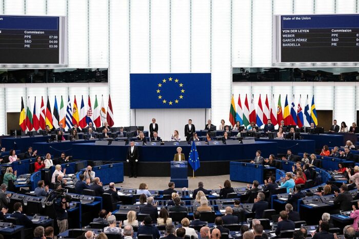 EU Commission President Ursula von der Leyen gives her annual State of the Union address during a plenary session at the European Parliament in Strasbourg, eastern France, on September 10, 2025. EU chief Ursula von der Leyen said on September 10 she would push to sanction "extremist" Israeli ministers and curb trade ties over Gaza, as she warned famine cannot be used as a "weapon of war". "What is happening in Gaza has shaken the conscience of the world. People killed while begging for food. Mothers holding lifeless babies. These images are simply catastrophic," von der Leyen said. "For the sake of the children, for the sake of humanity -- this must stop." (Photo by SEBASTIEN BOZON / AFP) (Photo by SEBASTIEN BOZON/AFP via Getty Images)