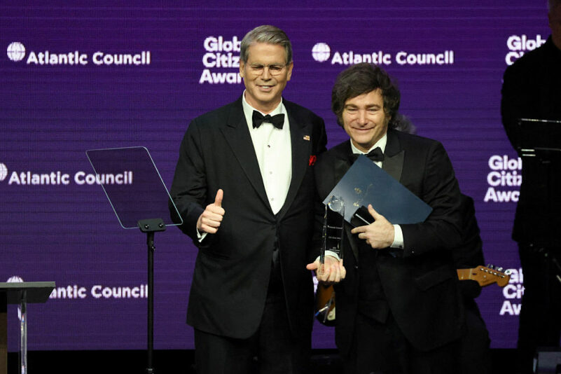 Argentine president Javier Milei (R) receives the 2025 Atlantic Council Global Citizen Award from US Secretary of Treasury Scott Bessent during the 2025 Atlantic Council Global Citizen Awards on the sidelines of the United Nations General Assembly in New York City on September 24, 2025. (Photo by Ludovic MARIN / AFP) (Photo by LUDOVIC MARIN/AFP via Getty Images)