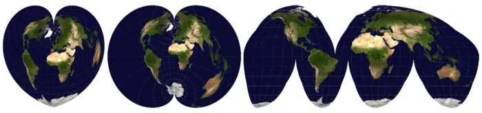 Werner-, polikonische und Goode-Homolosine-Projektion der Erde