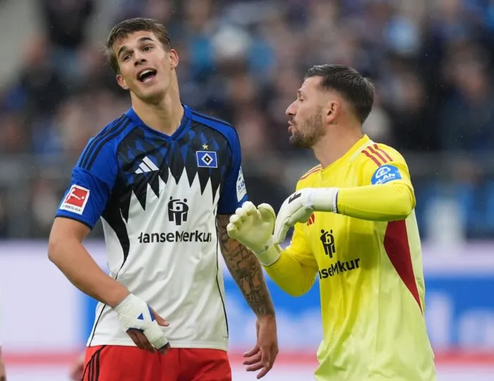 Zwei Defensiv-Stabilisatoren des HSV: Luka Vuskovic (l) und Torwart Daniel Heuer Fernandes