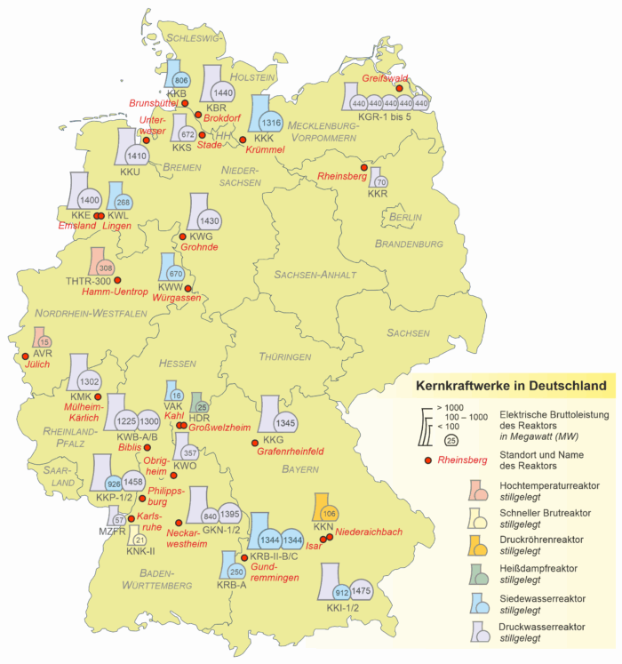 Kernkraftwerke in Deutschland nach der Stilllegung der letzten Reaktoren im April 2023.