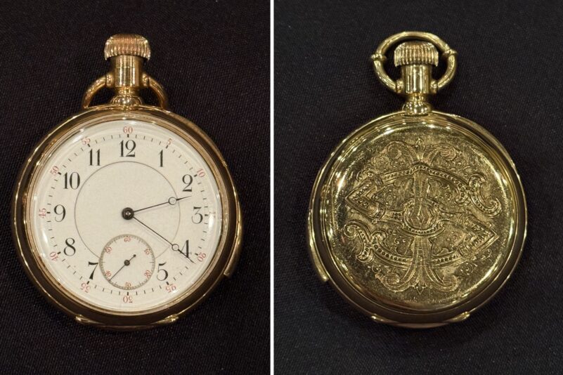Eine goldene Titanic-Taschenuhr wurde für den Rekordpreis von mehr als 2 Millionen Euro versteigert. (Handout)
