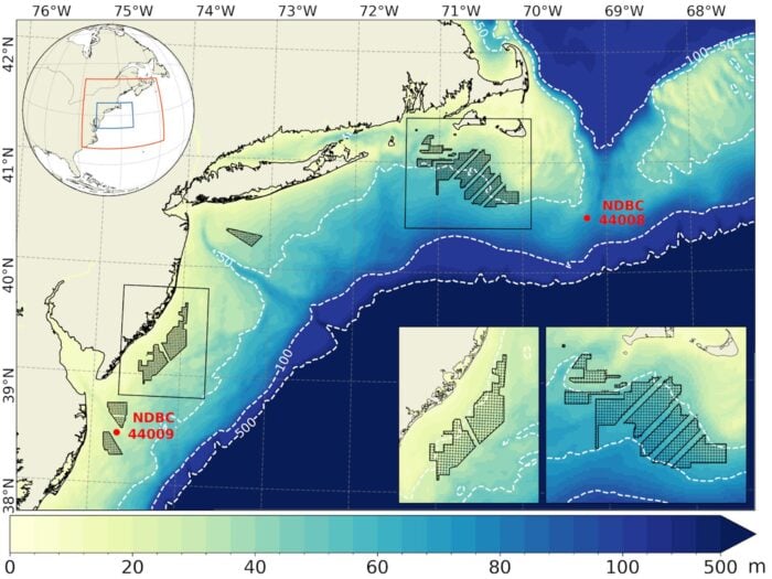 Lage und Wassertiefe der untersuchten Windparks auf dem Kontinentalschelf vor der Ostküste der USA.