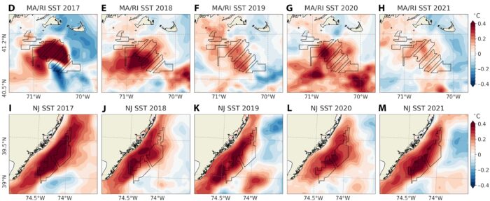 Ermittelte Temperaturabweichungen in und um die beiden großen Windparks vor den US-Bundesstaaten Massachusetts (oben, D bis H) und New Jersey (unten, I bis M).