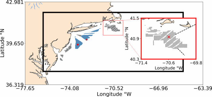 Vorhandene Windparks (grau) und unbebaute Windfelder (blau) vor der Ostküste der USA. 