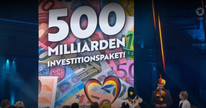 Das „500_Milliarden_Investitionspaket!“ der Bundesregierung sollte nach Meinung von WDR-Moderatorin Anna Planken für gute Laune und Zuversicht sorgen. Foto: Bildschirmfoto/ARD-„Mediathek“