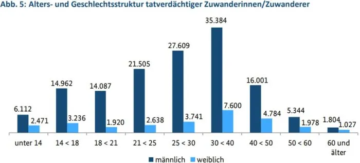 Das Balkendiagramm zeigt die geschlechtsspezifische Verteilung von tatverdächtigen Geflüchteten des Jahres 2024 nach Alterskohorten. Foto: Bildschirmfoto/BKA