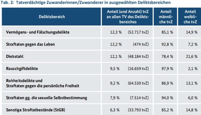 Die Tabelle zeigt den Anteil der tatverdächtigen Zuwanderer des Jahres 2024 in ausgewählten Deliktsbereichen. Foto: Bildschirmfoto/BKA