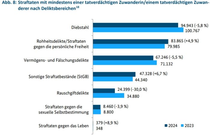 Straftaten 2023 und 2024 mit mindestens einem tatverdächtigen Zuwanderer nach Deliktsbereichen. Foto: Bildschirmfoto/BKA